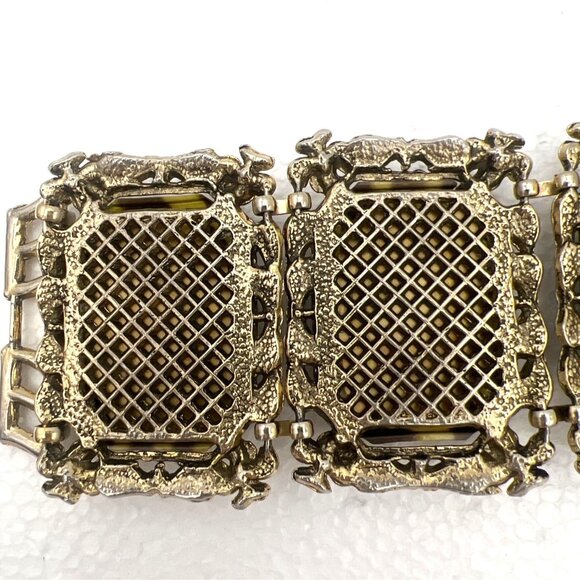 Vintage Animal Print Chunky Bracelet Lucite Brown Gold Cabochons Gold Tone  READ - Picture 5 of 11